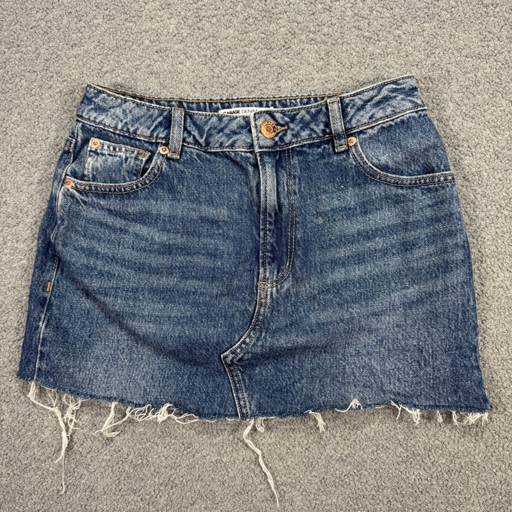 Garage Mini Skirt Women's XS Blue Denim Medium Wash Raw Hem Frayed High Waist